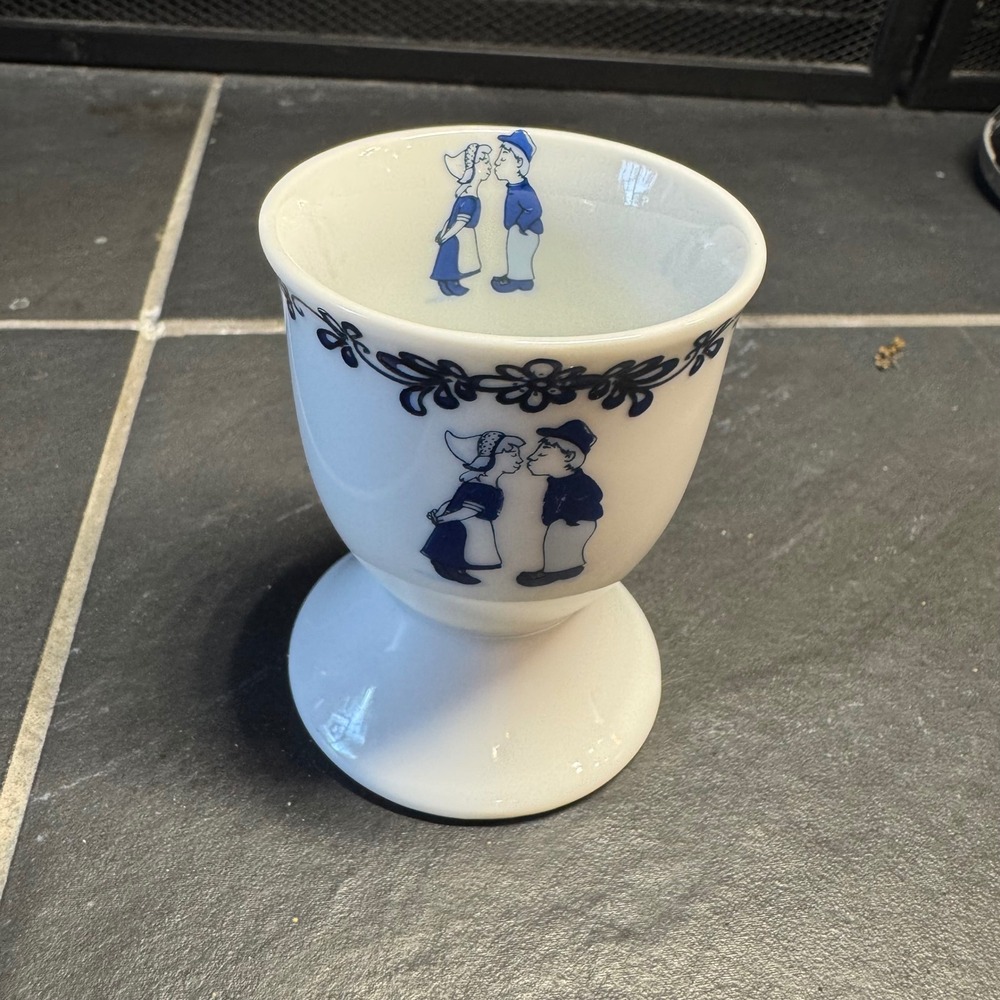 Vintage Delft Style Kissing Dutch Boy and Girl Ceramic Egg Cup Blue and White